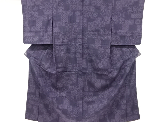 短冊に花模様織り出し　手織り紬着物